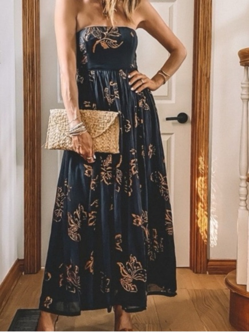 Free People Black Strapless Maxi Dress with Copper Floral Print
